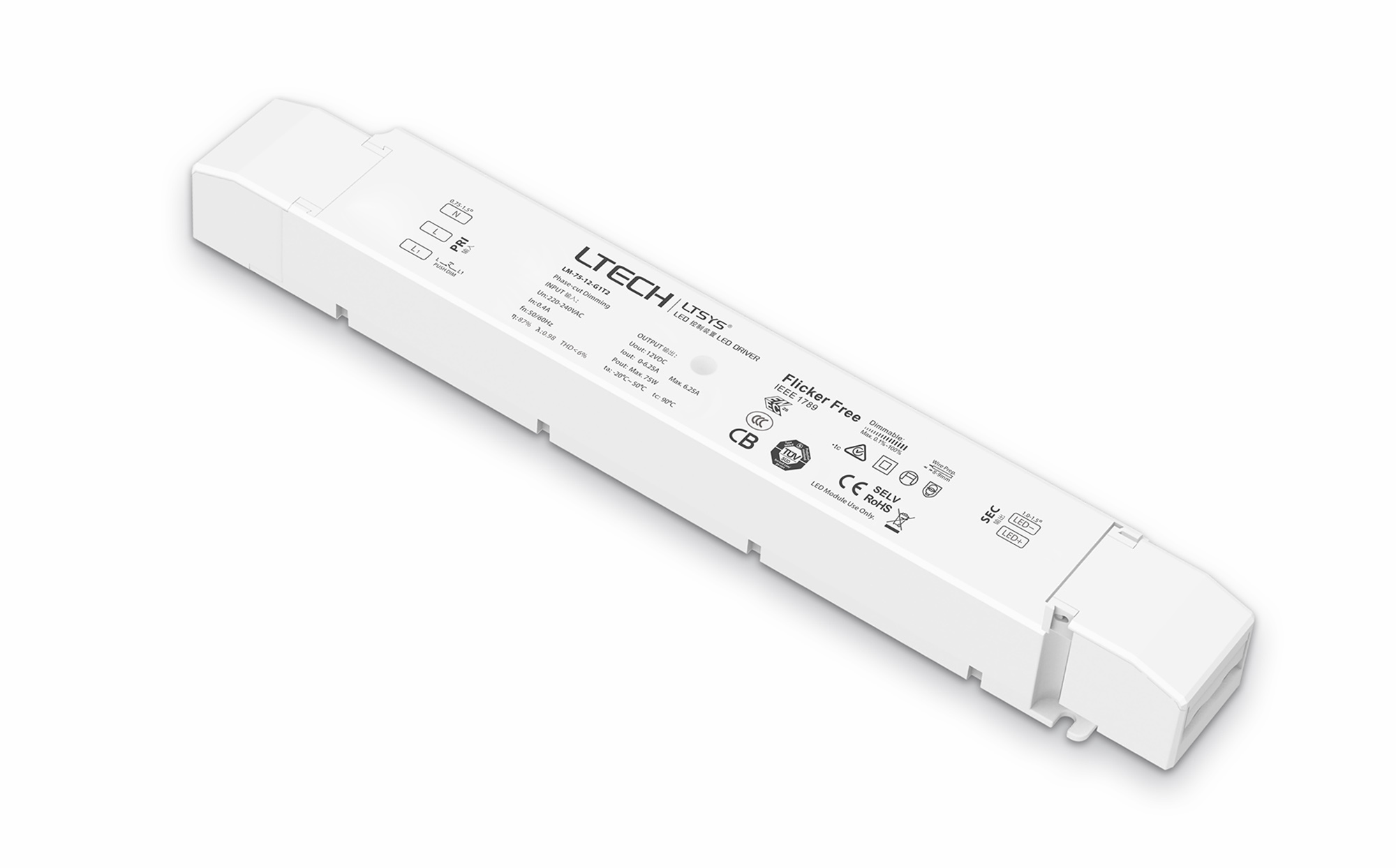 LM-75-12-G1T2  Intelligent LED driver, Leading,Trailing edge, Phase-cut and Push DIM/CCT, 0-100% Dim,CV 75W, 12V DC 3.12A O/P, 200-240Vac I/P, IP20, 5yrs Warranty.
